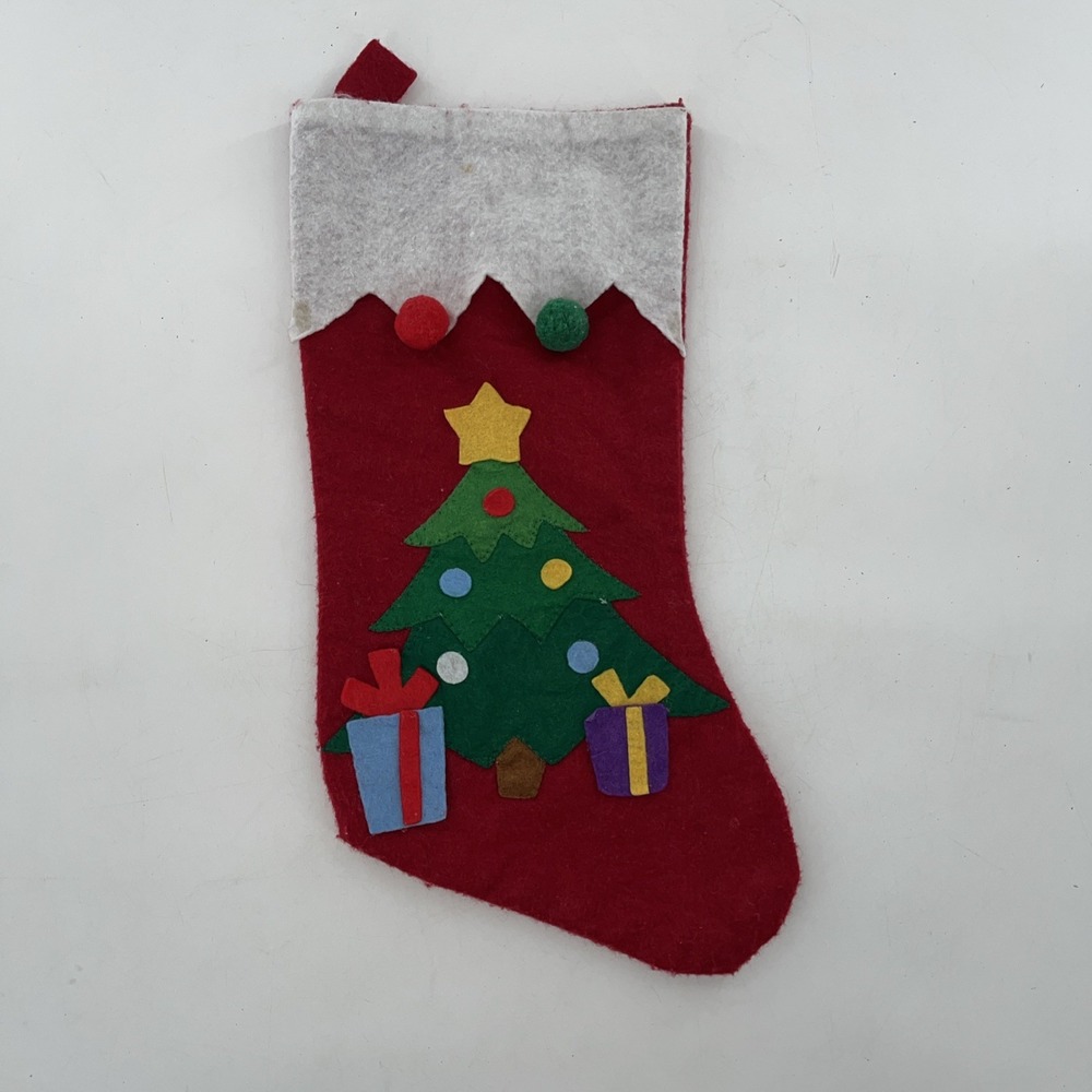 Vintage Felt Christmas Stocking Applique Christmas Tree Presents Poms Greenbrier